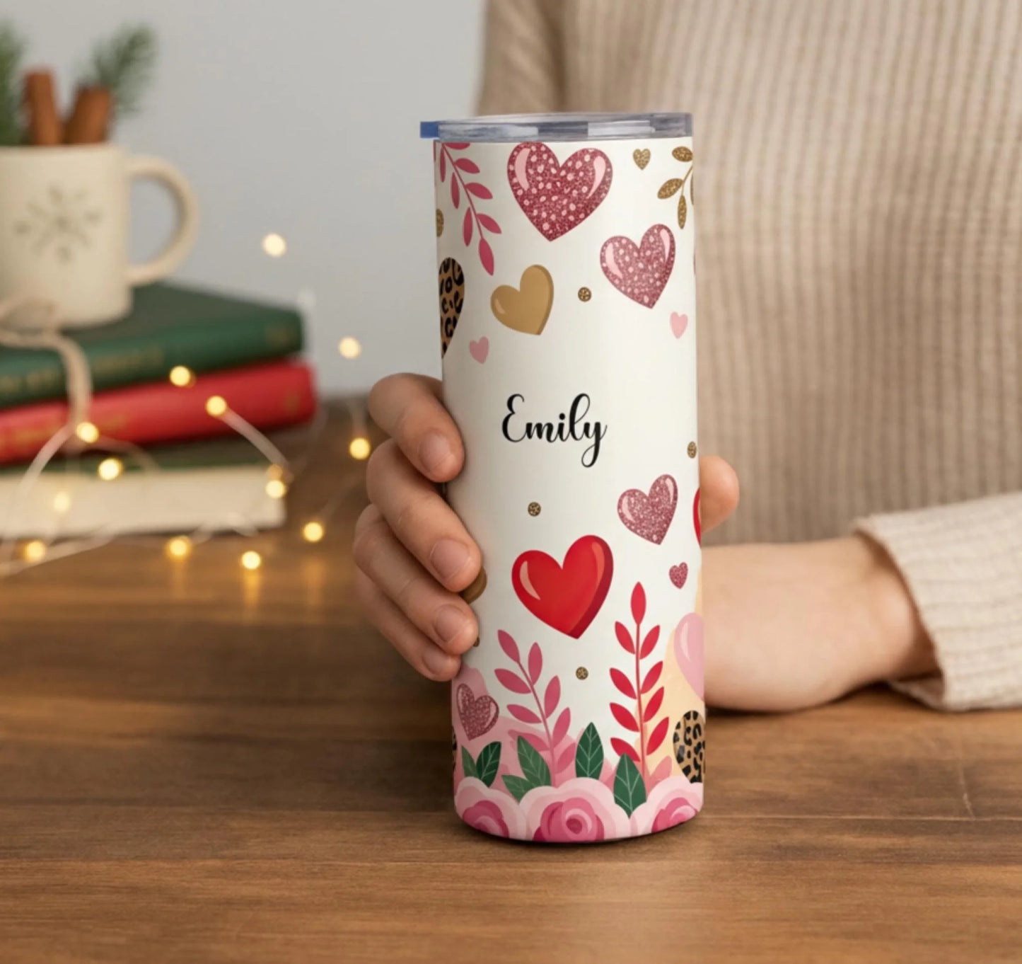 Personalized 20oz skinny tumbler – Personalized | lifestyle scene | custom name available, dishwasher safe, double-wall