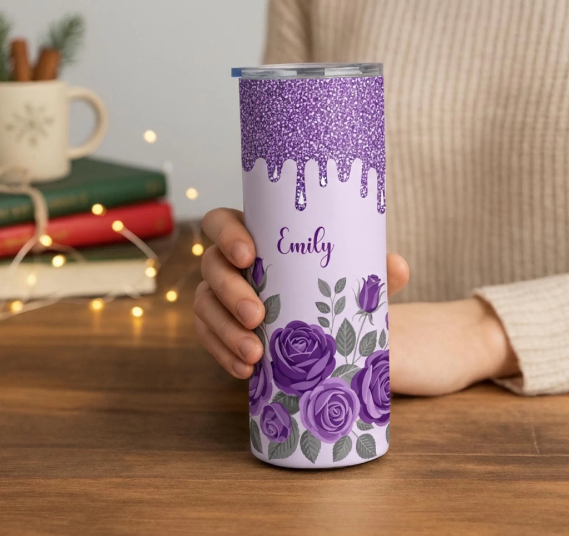 Personalized 20oz skinny tumbler – Personalized | lifestyle scene | custom name available, dishwasher safe, double-wall