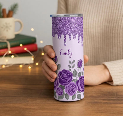 Personalized 20oz skinny tumbler – Personalized | lifestyle scene | custom name available, dishwasher safe, double-wall