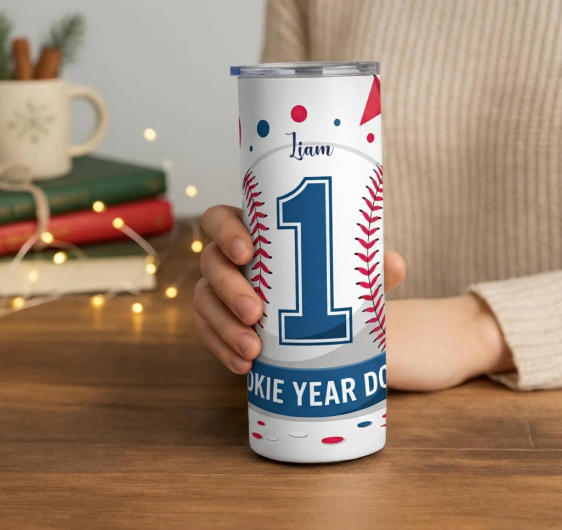 Personalized 20oz skinny tumbler – Personalized | lifestyle scene | custom name available, dishwasher safe, double-wall