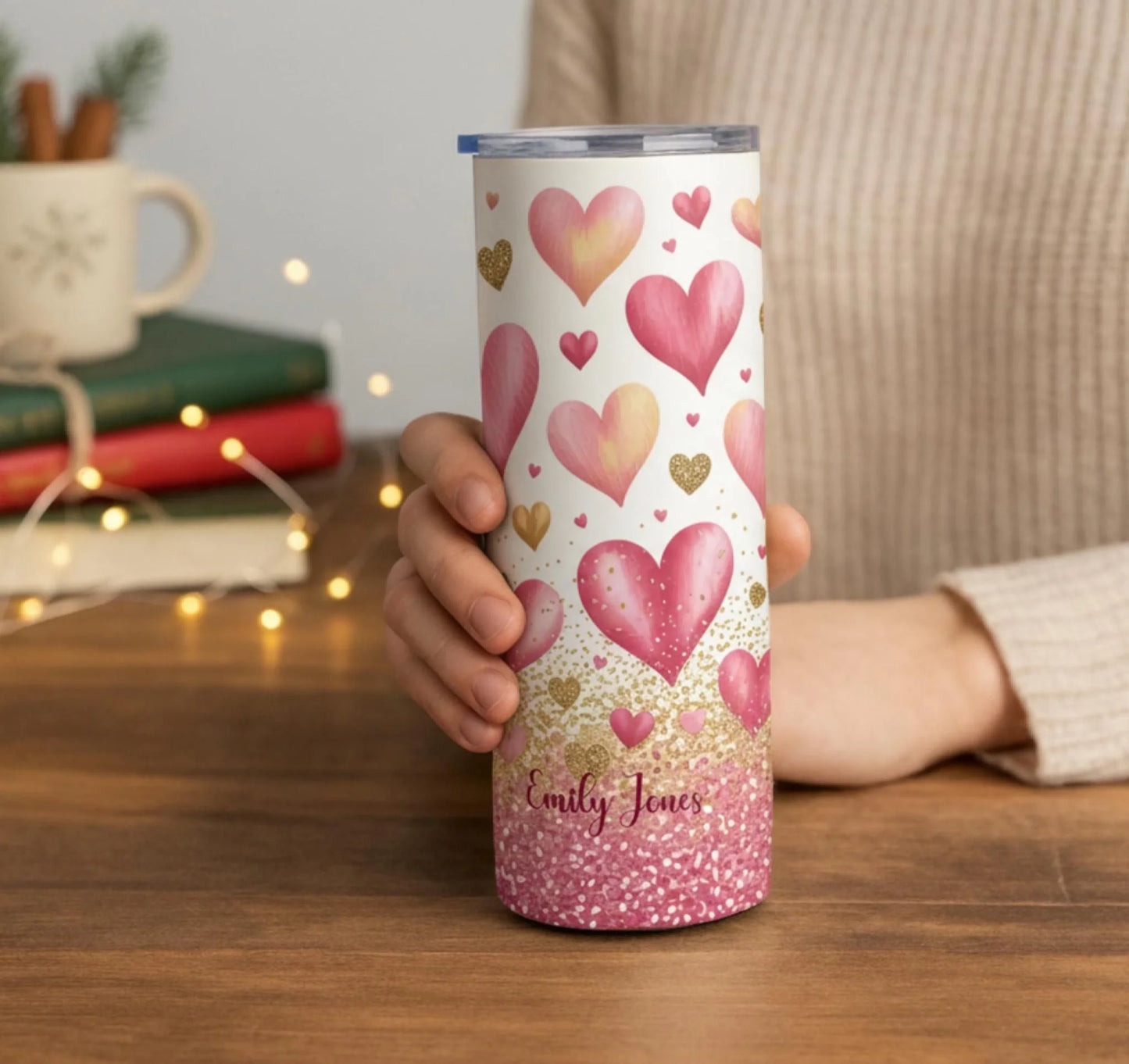 Personalized 20oz skinny tumbler – Personalized | lifestyle scene | custom name available, dishwasher safe, double-wall