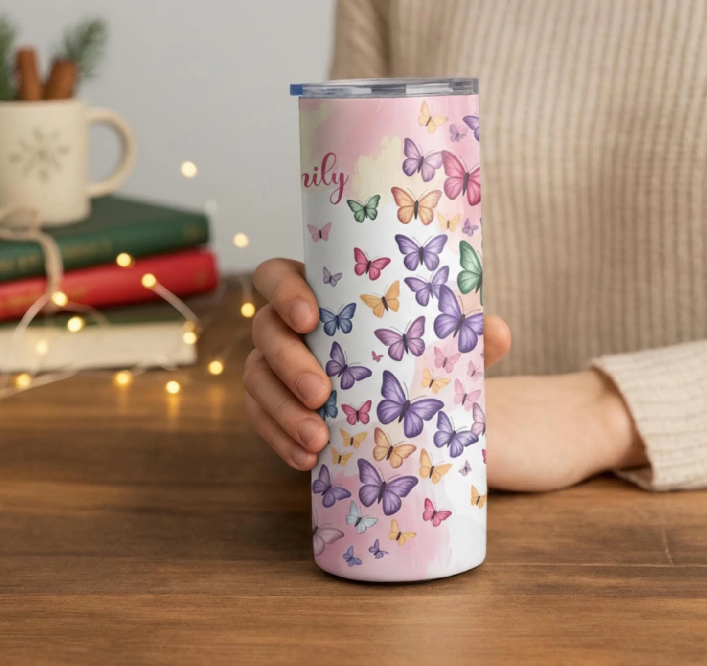 Personalized 20oz skinny tumbler – Personalized | lifestyle scene | custom name available, dishwasher safe, double-wall
