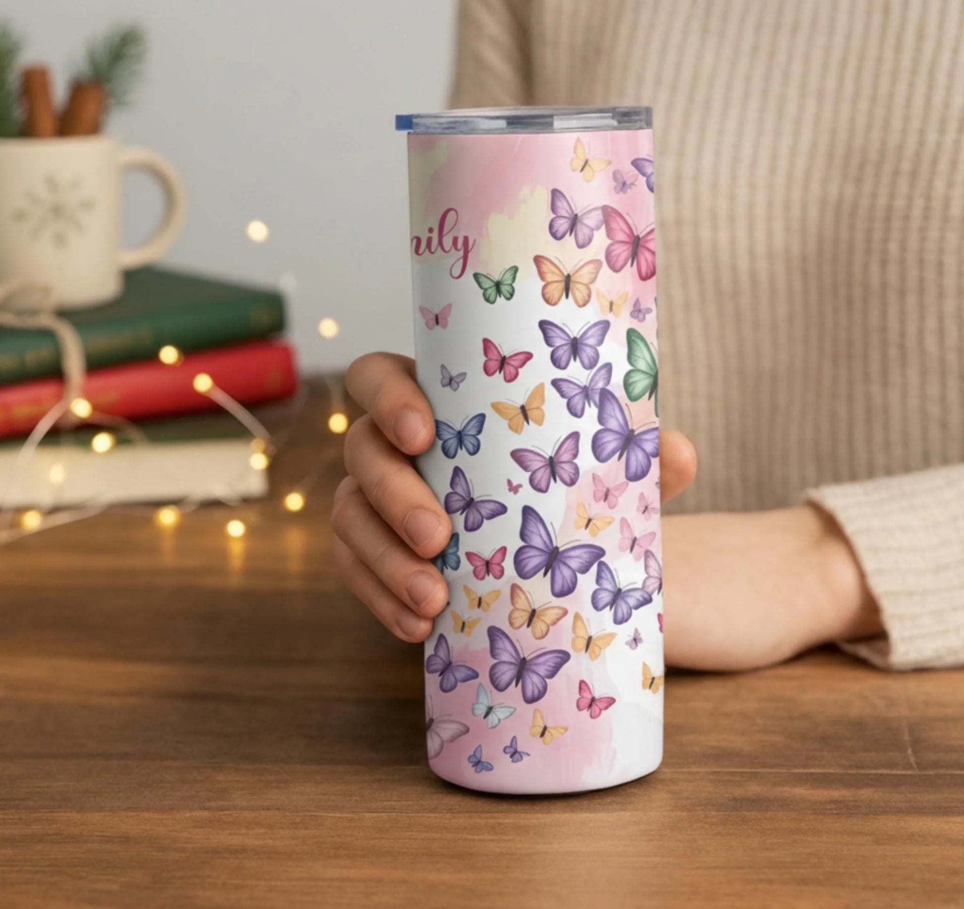 Personalized 20oz skinny tumbler – Personalized | lifestyle scene | custom name available, dishwasher safe, double-wall