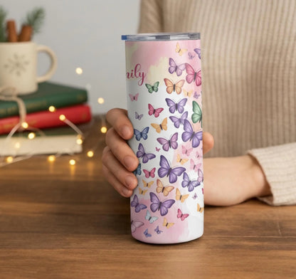 Personalized 20oz skinny tumbler – Personalized | lifestyle scene | custom name available, dishwasher safe, double-wall