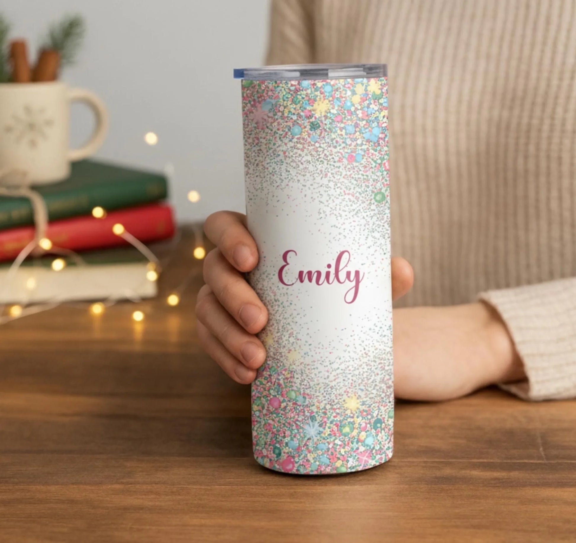 Personalized 20oz skinny tumbler – Personalized | lifestyle scene | custom name available, dishwasher safe, double-wall