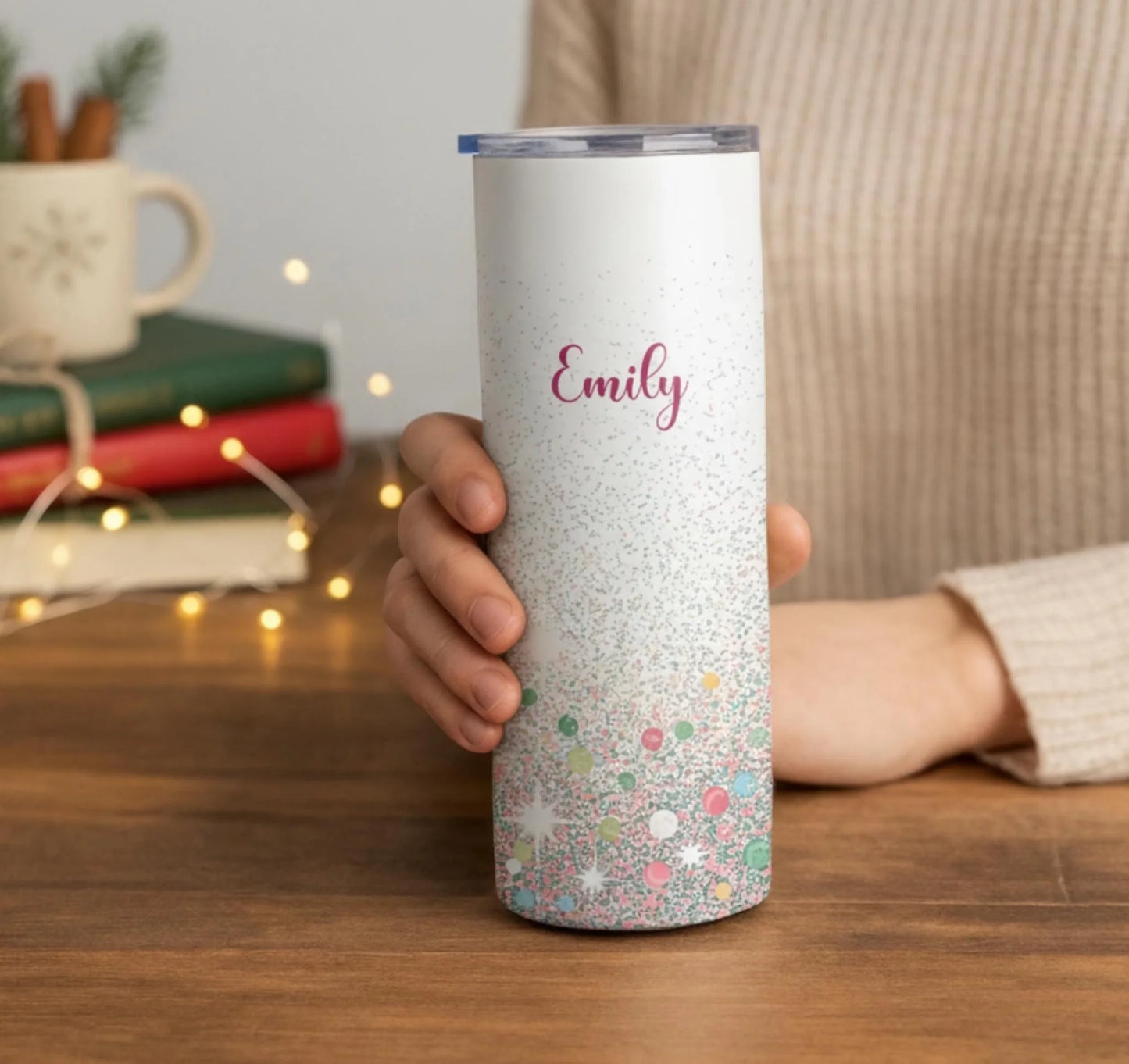 Personalized 20oz skinny tumbler – Personalized | lifestyle scene | custom name available, dishwasher safe, double-wall