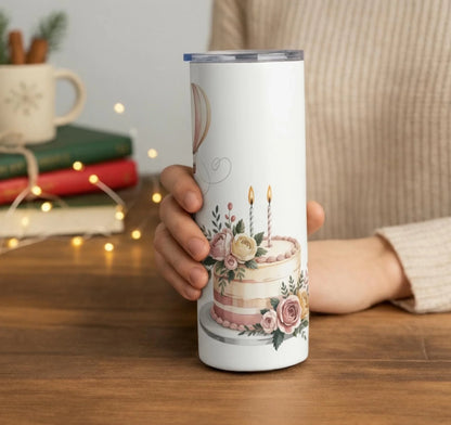 Personalized 20oz skinny tumbler – Personalized | lifestyle scene | custom name available, dishwasher safe, double-wall