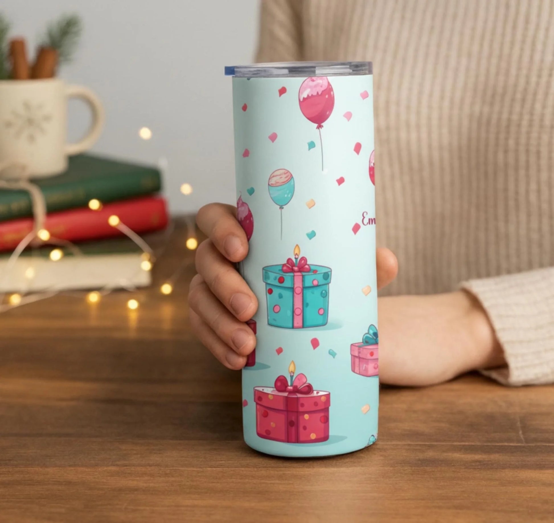 Personalized 20oz skinny tumbler – Personalized | lifestyle scene | custom name available, dishwasher safe, double-wall