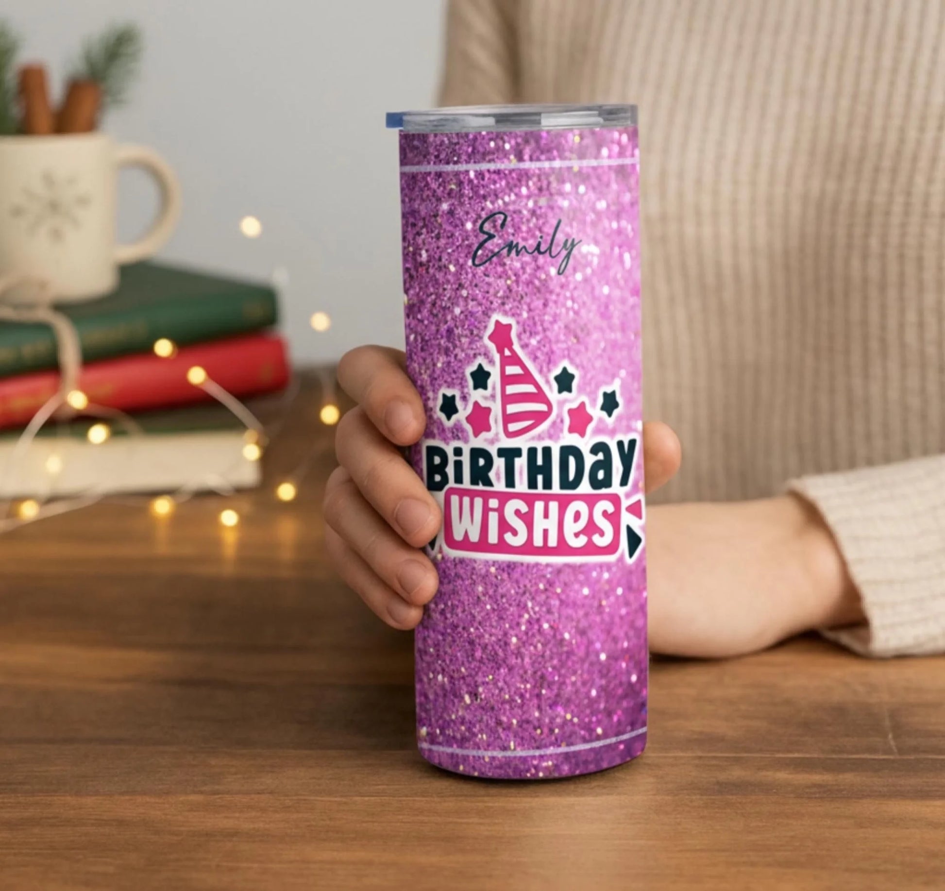 Personalized 20oz skinny tumbler – Personalized | lifestyle scene | custom name available, dishwasher safe, double-wall