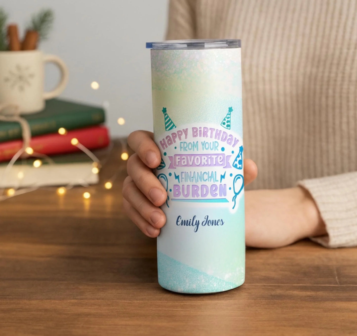 Personalized 20oz skinny tumbler – Personalized | lifestyle scene | custom name available, dishwasher safe, double-wall