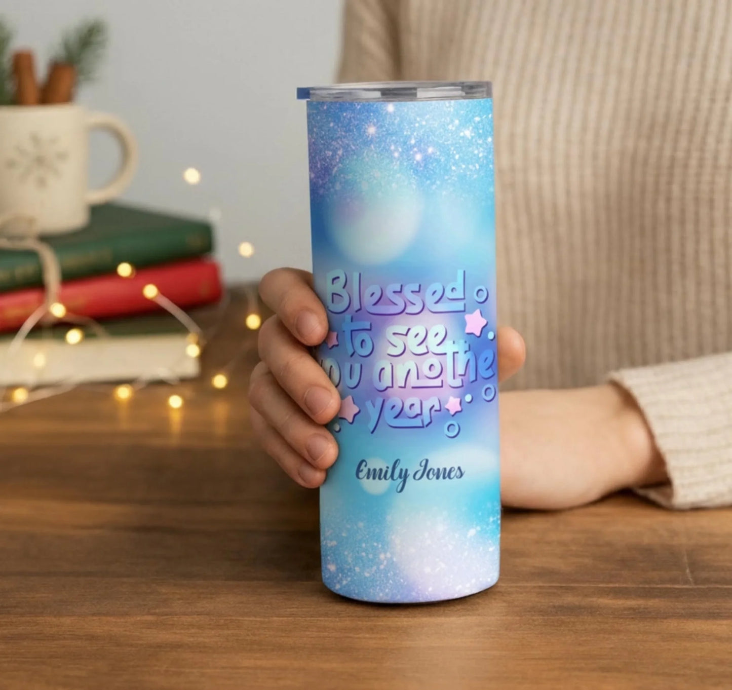 Personalized 20oz skinny tumbler – Personalized | lifestyle scene | custom name available, dishwasher safe, double-wall