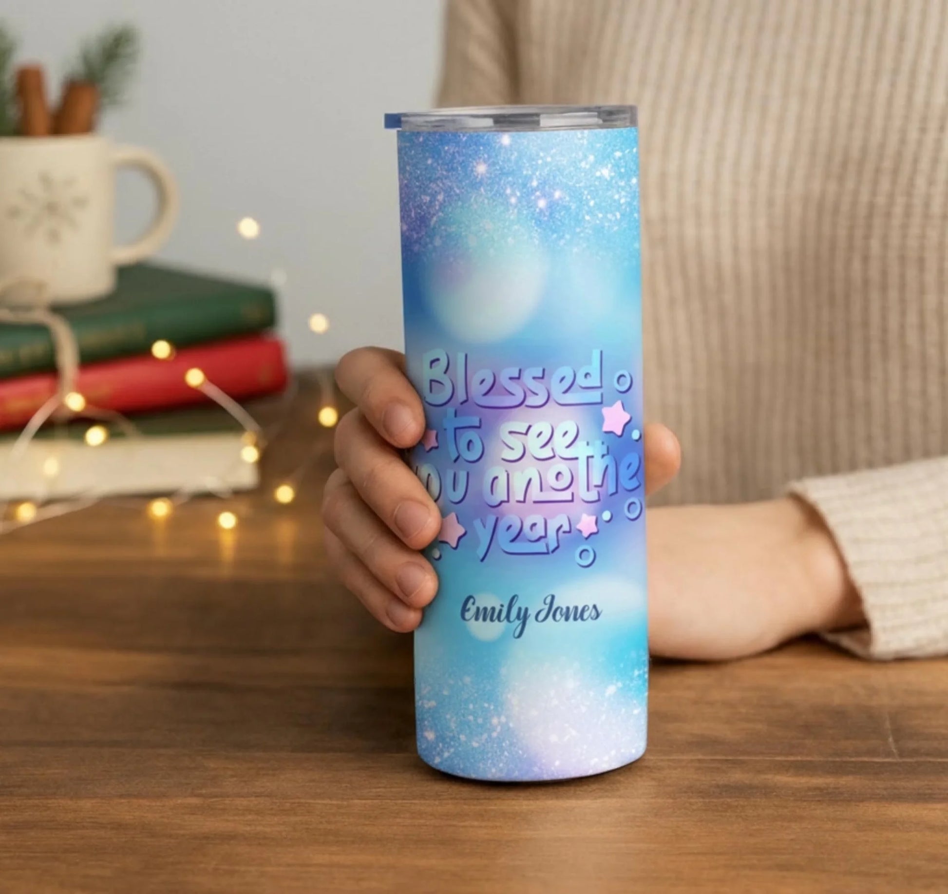 Personalized 20oz skinny tumbler – Personalized | lifestyle scene | custom name available, dishwasher safe, double-wall