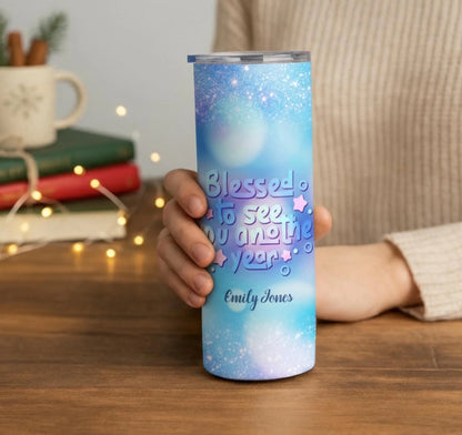 Personalized 20oz skinny tumbler – Personalized | lifestyle scene | custom name available, dishwasher safe, double-wall
