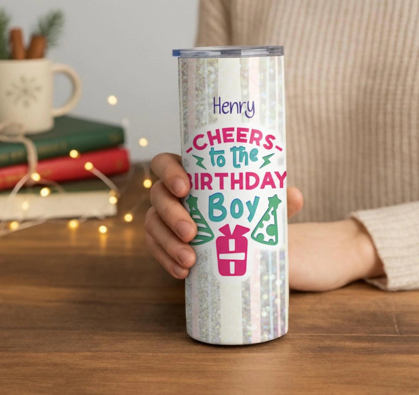 Personalized 20oz skinny tumbler – Personalized | lifestyle scene | custom name available, dishwasher safe, double-wall