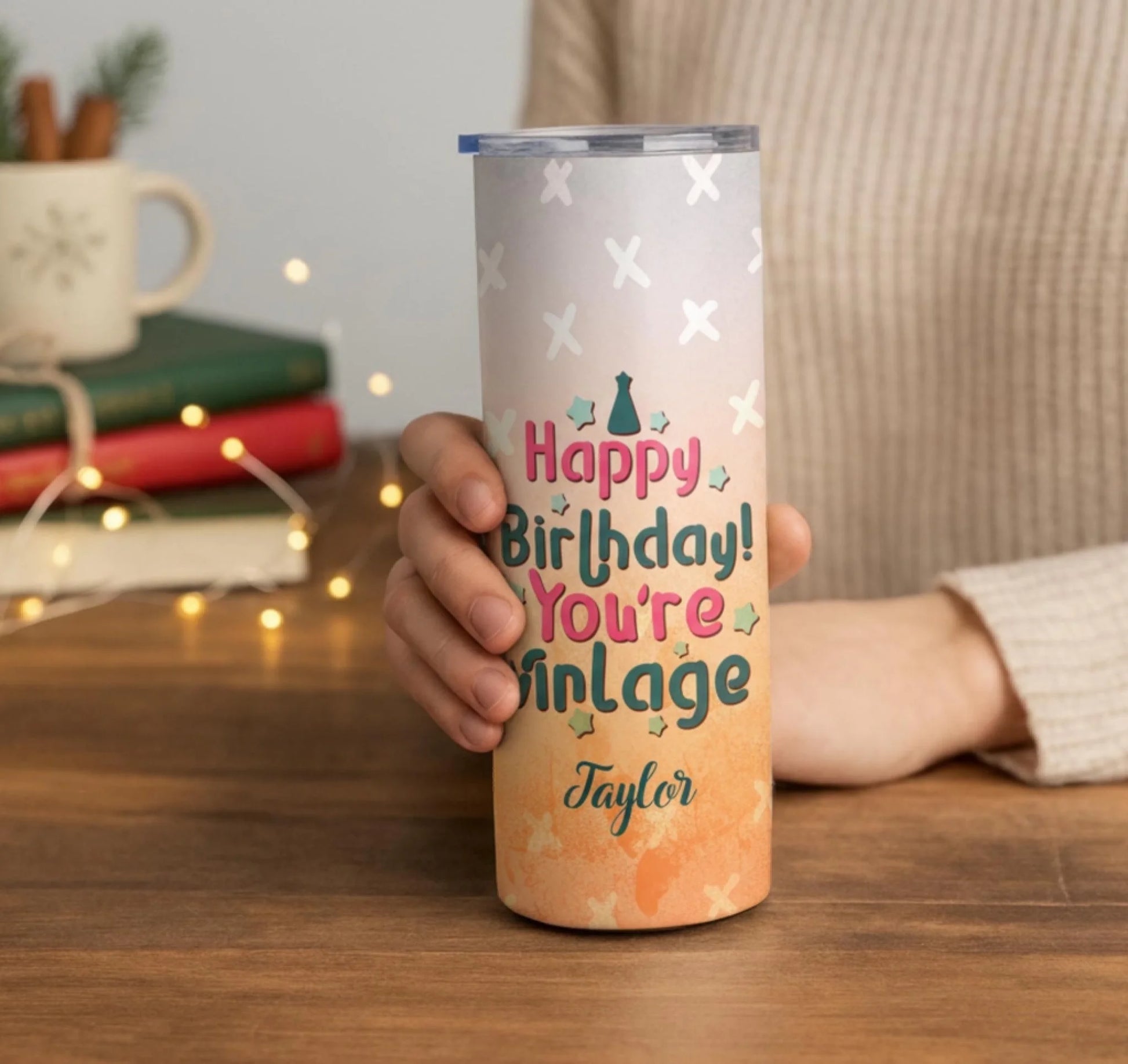 Personalized 20oz skinny tumbler – Personalized | lifestyle scene | custom name available, dishwasher safe, double-wall