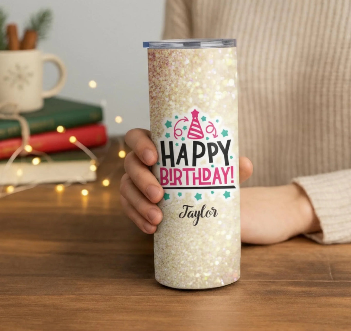 Personalized 20oz skinny tumbler – Personalized | lifestyle scene | custom name available, dishwasher safe, double-wall
