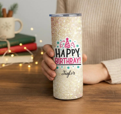 Personalized 20oz skinny tumbler – Personalized | lifestyle scene | custom name available, dishwasher safe, double-wall