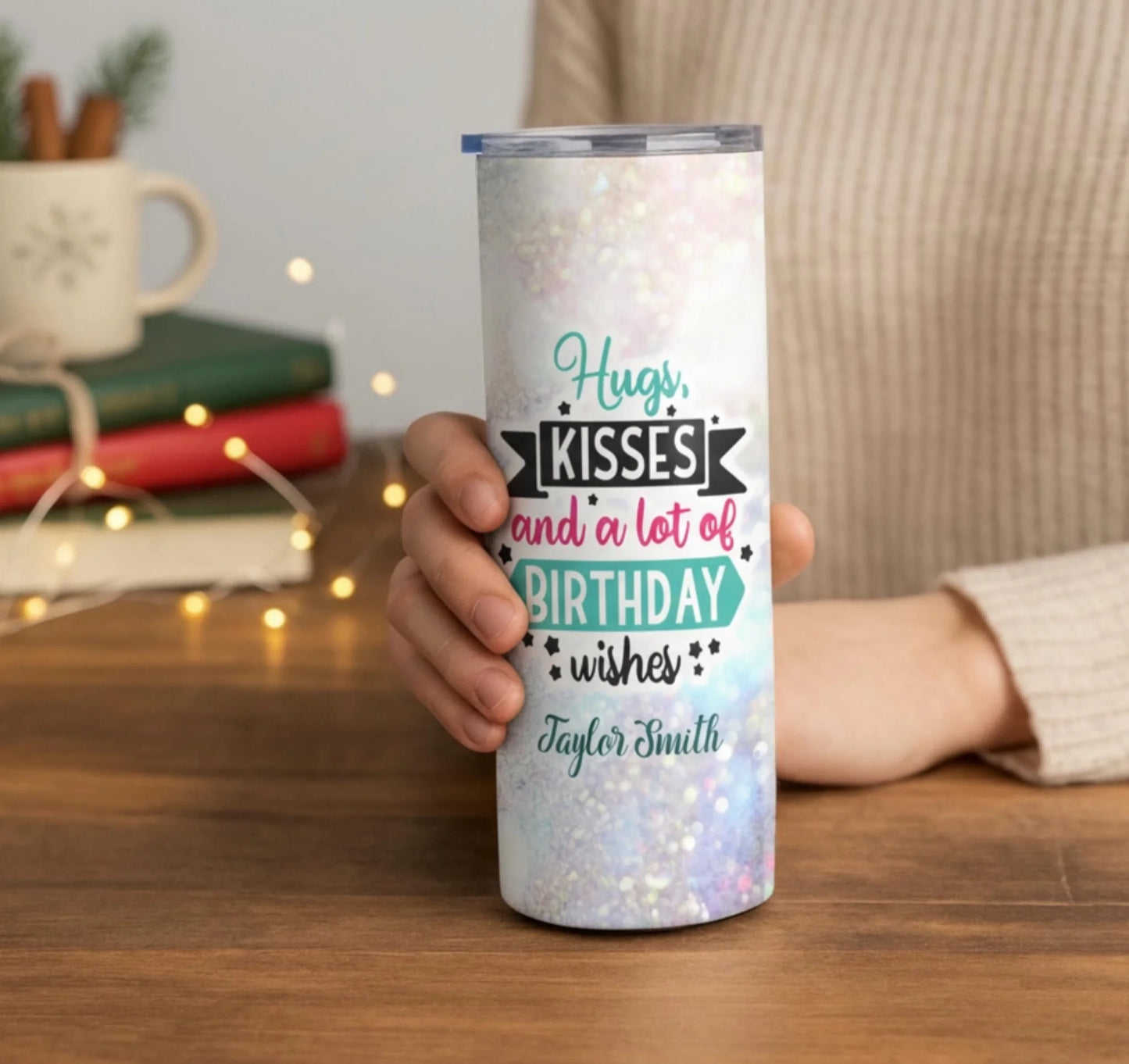 Personalized 20oz skinny tumbler – Personalized | lifestyle scene | custom name available, dishwasher safe, double-wall