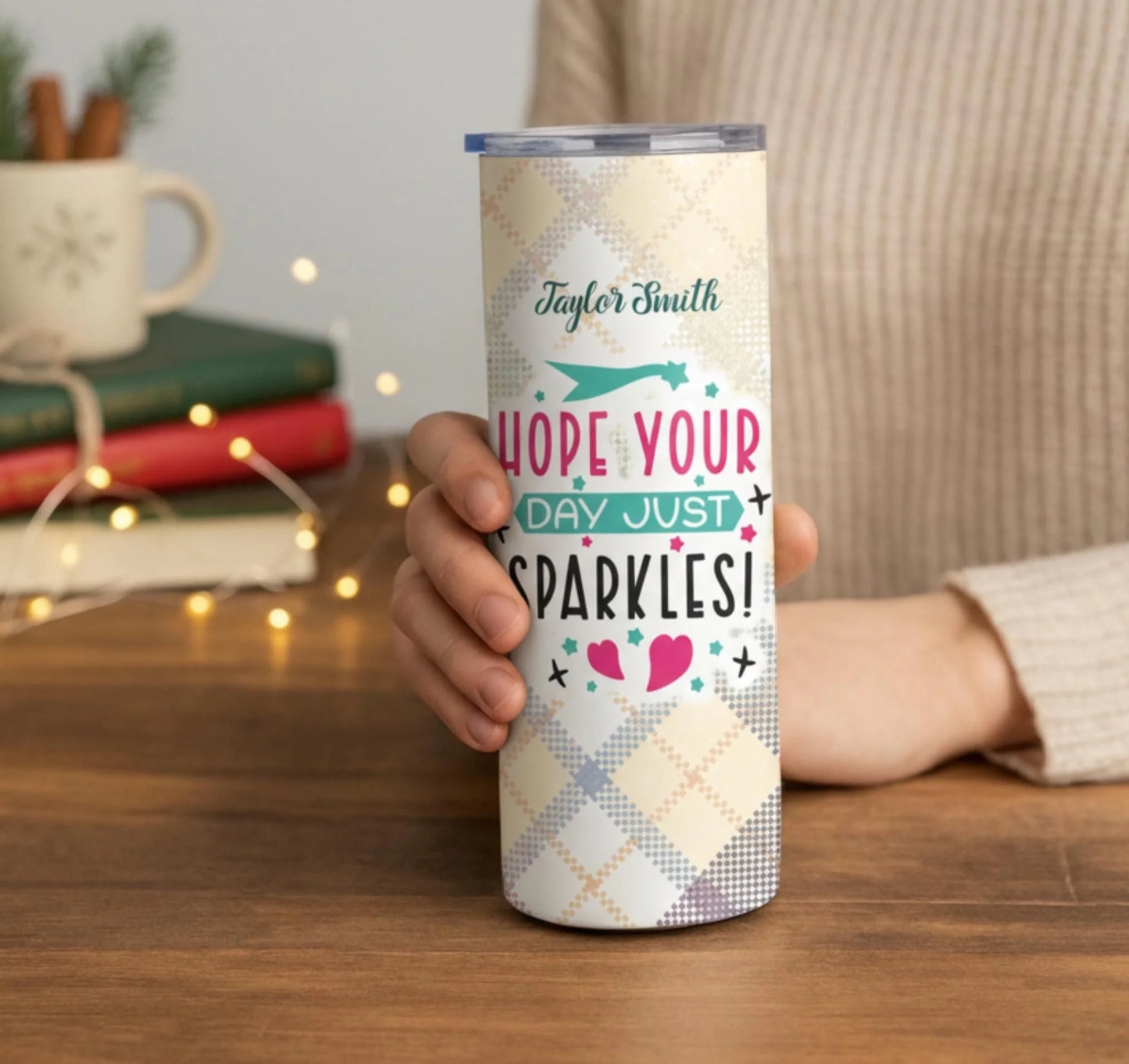 Personalized 20oz skinny tumbler – Personalized | lifestyle scene | custom name available, dishwasher safe, double-wall