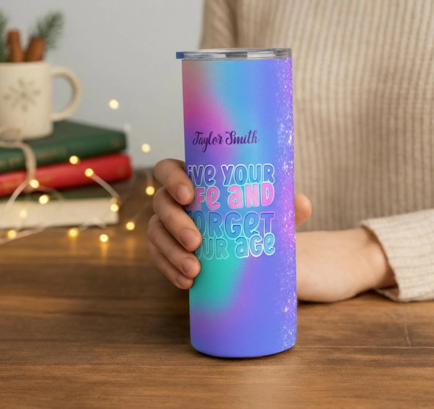 Personalized 20oz skinny tumbler – Personalized | lifestyle scene | custom name available, dishwasher safe, double-wall