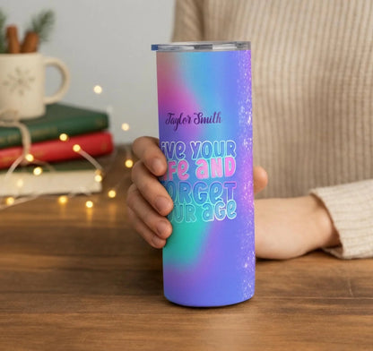 Personalized 20oz skinny tumbler – Personalized | lifestyle scene | custom name available, dishwasher safe, double-wall