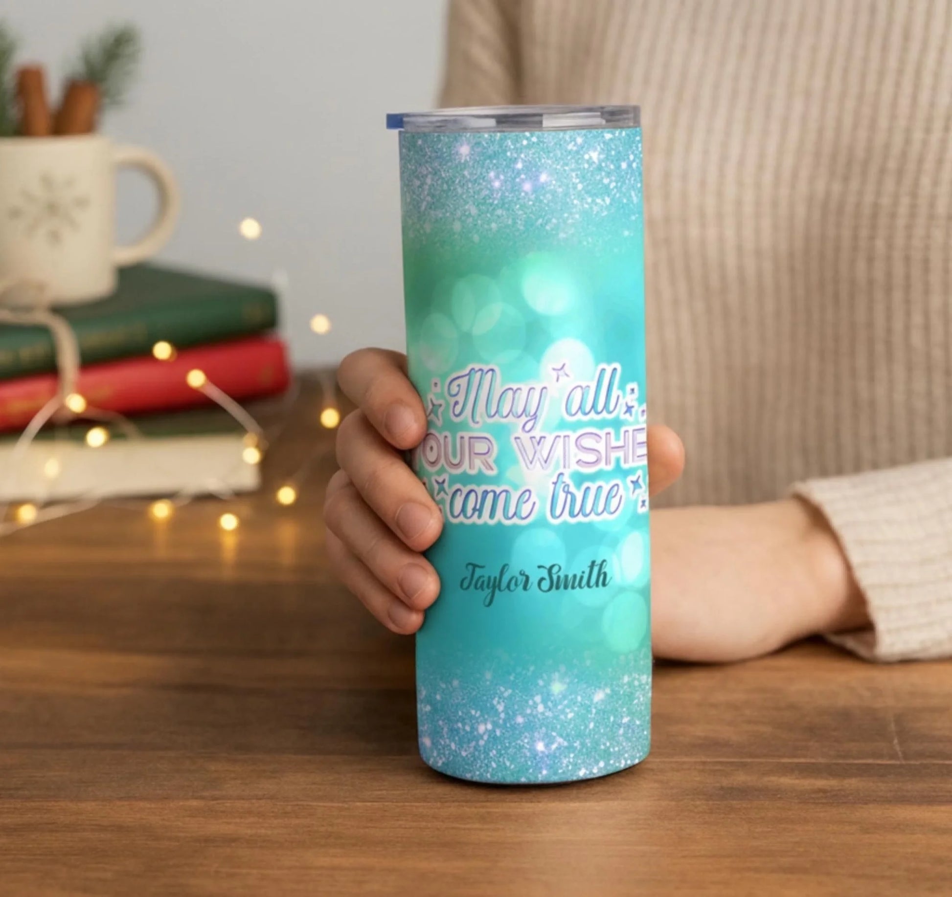Personalized 20oz skinny tumbler – Personalized | lifestyle scene | custom name available, dishwasher safe, double-wall