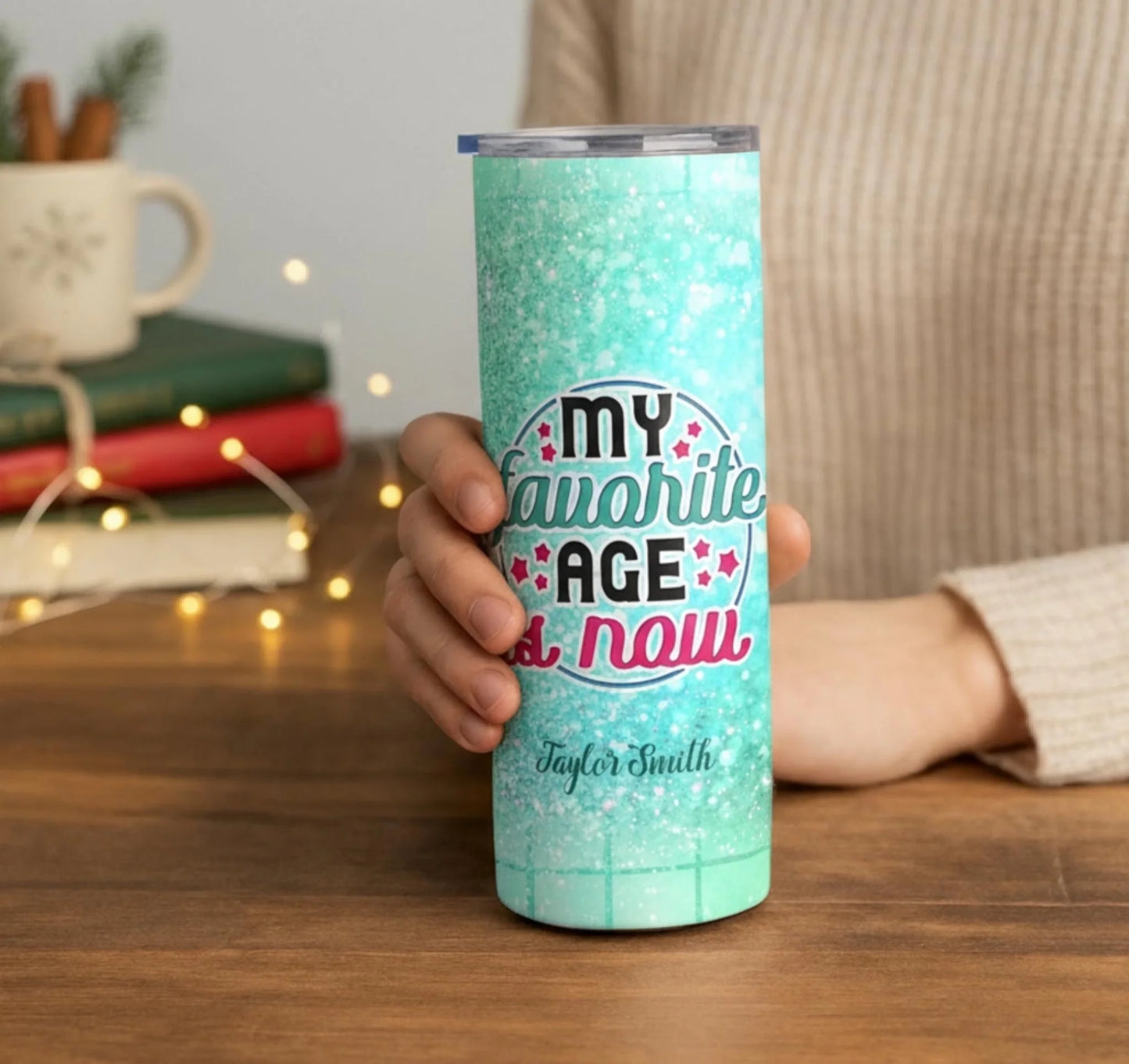 Personalized 20oz skinny tumbler – Personalized | lifestyle scene | custom name available, dishwasher safe, double-wall