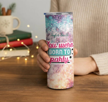 Personalized 20oz skinny tumbler – Personalized | lifestyle scene | custom name available, dishwasher safe, double-wall