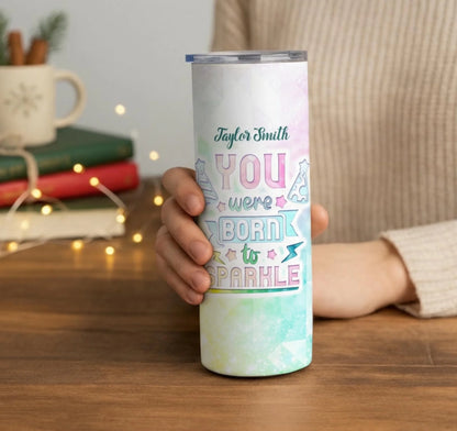 Personalized 20oz skinny tumbler – Personalized | lifestyle scene | custom name available, dishwasher safe, double-wall