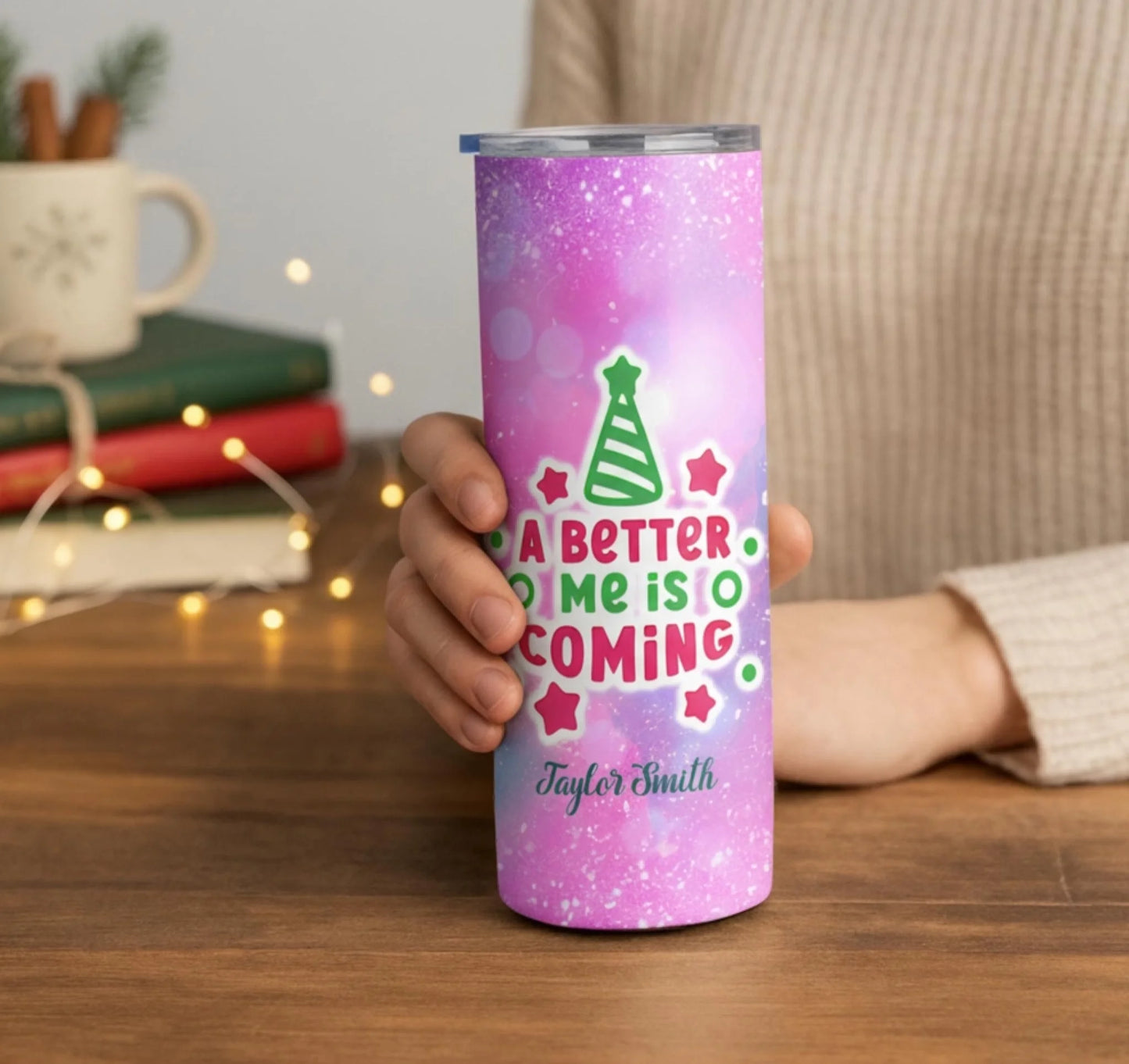 Personalized 20oz skinny tumbler – Personalized | lifestyle scene | custom name available, dishwasher safe, double-wall