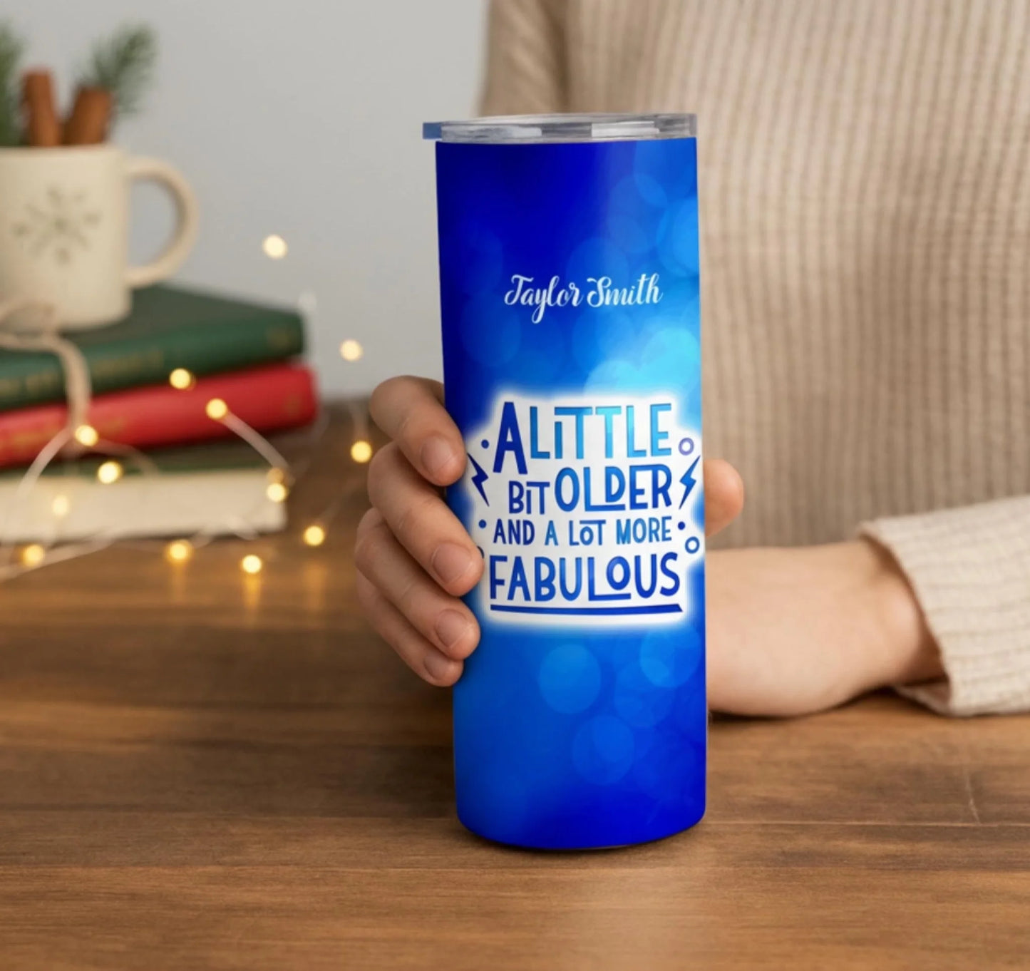 Personalized 20oz skinny tumbler – Personalized | lifestyle scene | custom name available, dishwasher safe, double-wall