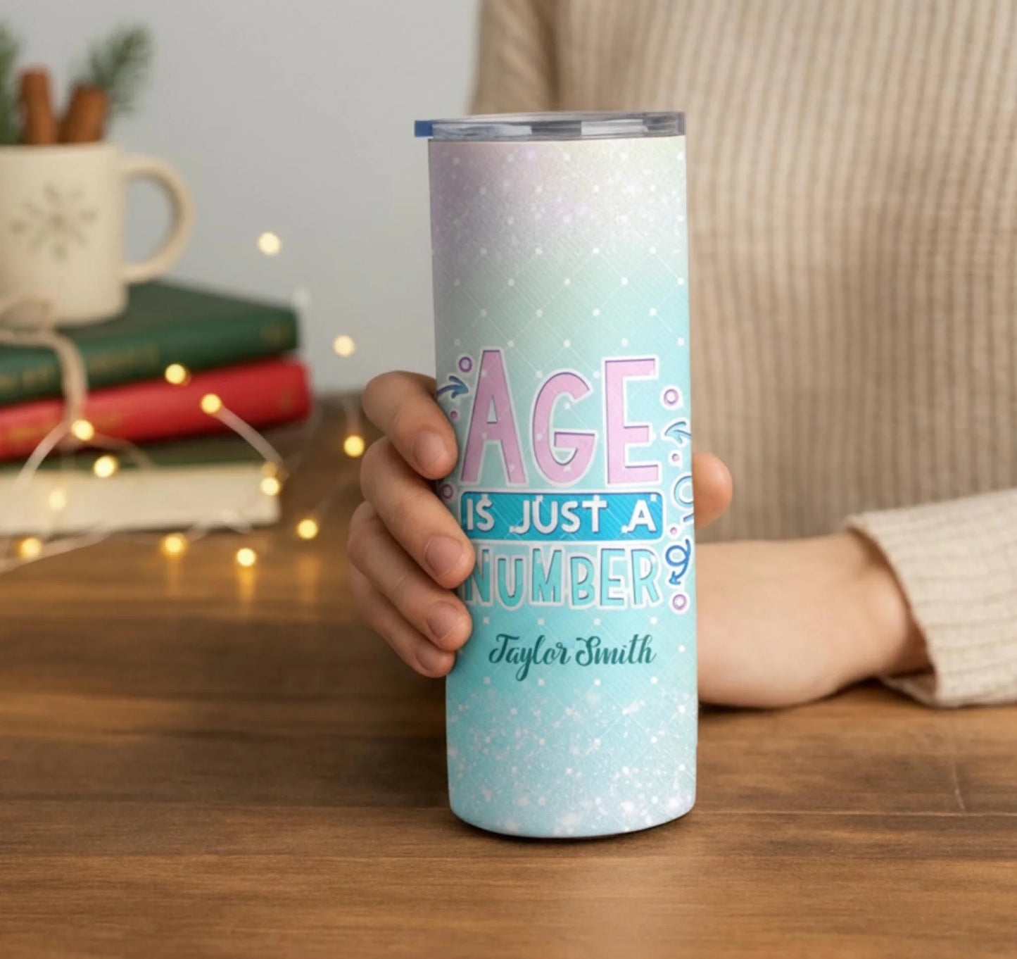 Personalized 20oz skinny tumbler – Personalized | lifestyle scene | custom name available, dishwasher safe, double-wall