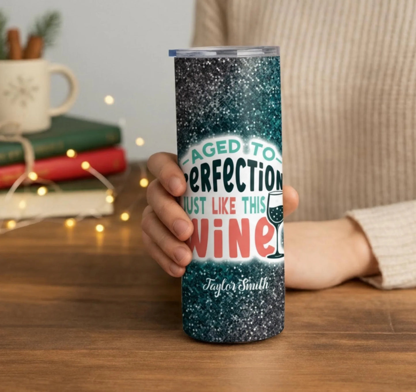 Personalized 20oz skinny tumbler – Personalized | lifestyle scene | custom name available, dishwasher safe, double-wall