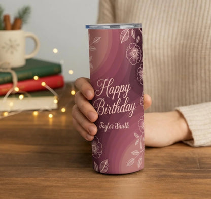 Personalized 20oz skinny tumbler – Personalized | lifestyle scene | custom name available, dishwasher safe, double-wall