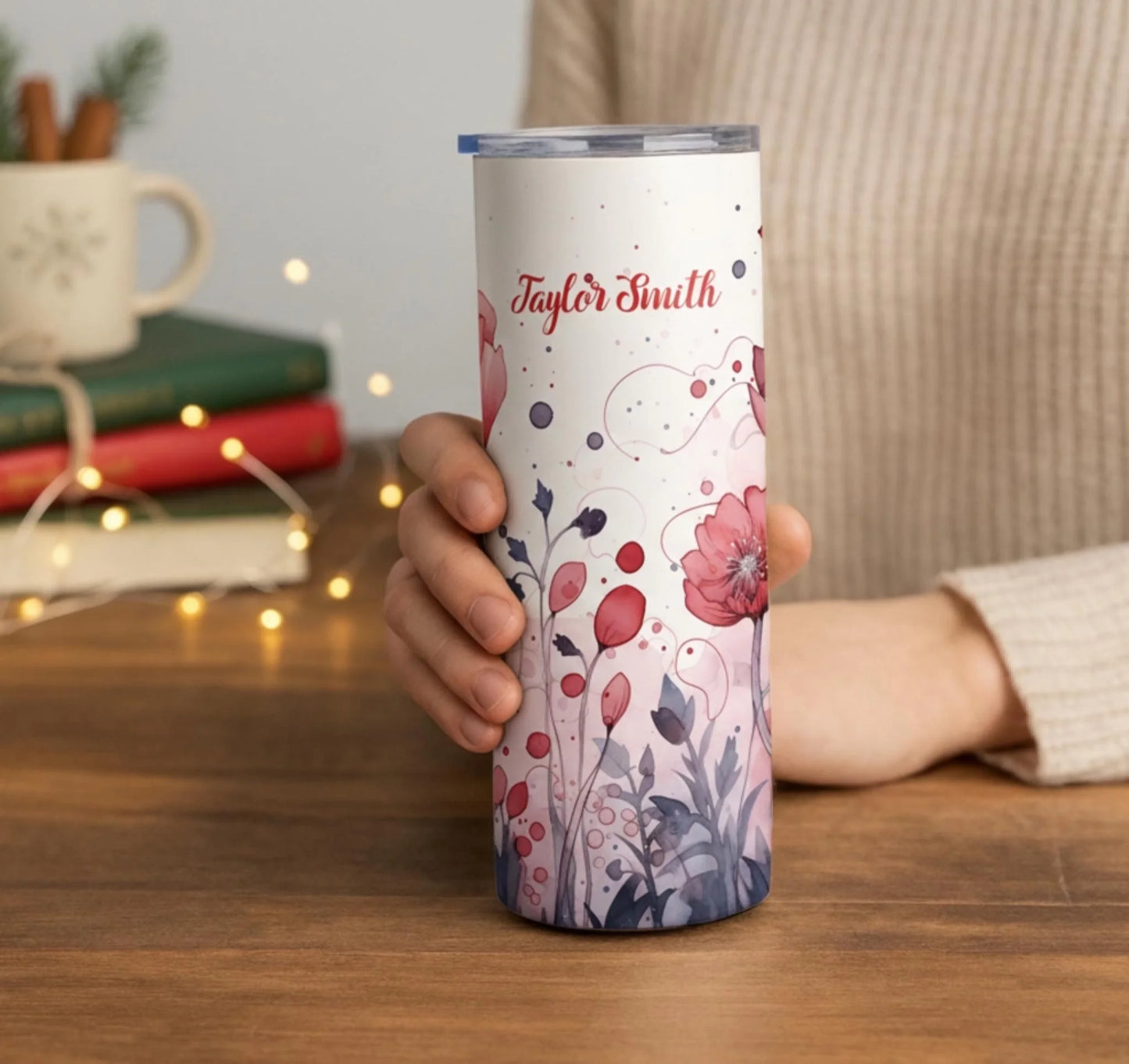 Personalized 20oz skinny tumbler – Personalized | lifestyle scene | custom name available, dishwasher safe, double-wall