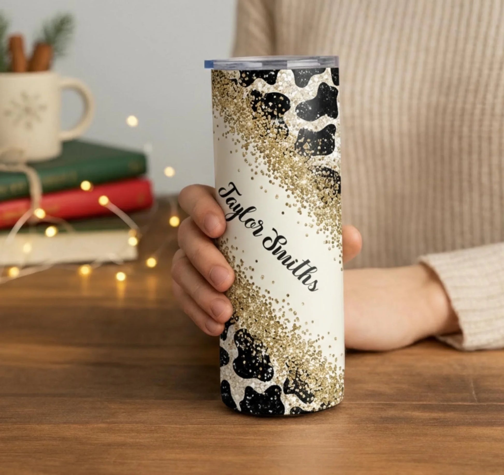 Personalized 20oz skinny tumbler – Personalized | lifestyle scene | custom name available, dishwasher safe, double-wall