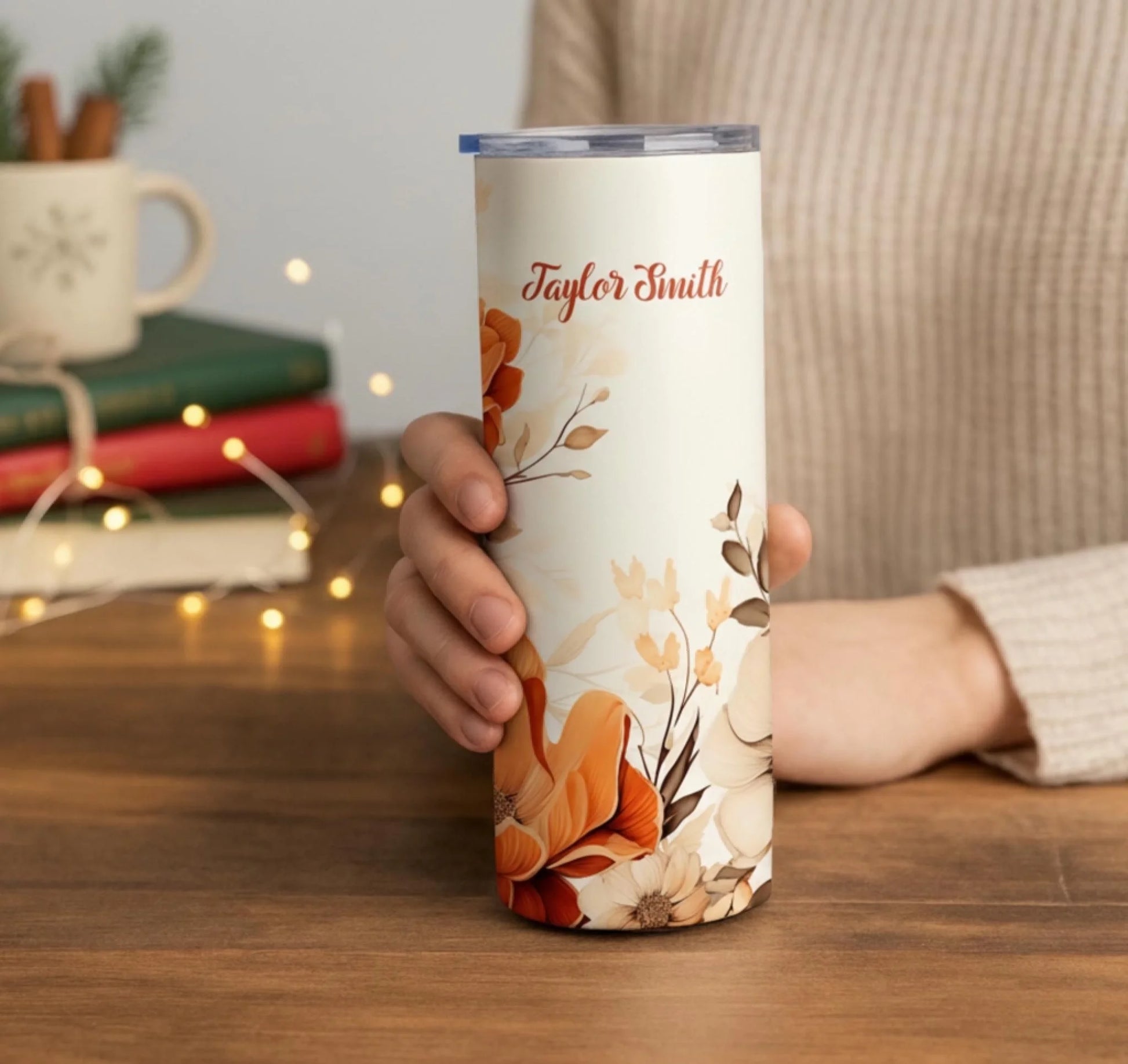 Personalized 20oz skinny tumbler – Personalized | lifestyle scene | custom name available, dishwasher safe, double-wall