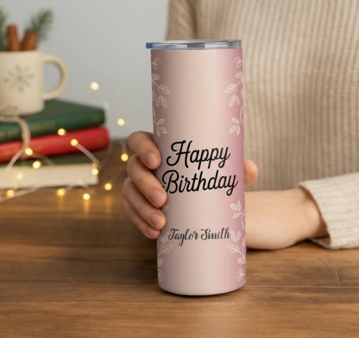 Personalized 20oz skinny tumbler – Personalized | lifestyle scene | custom name available, dishwasher safe, double-wall