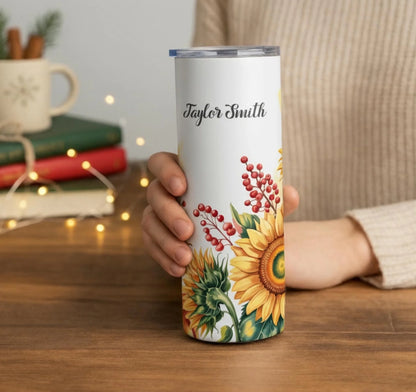 Personalized 20oz skinny tumbler – Personalized | lifestyle scene | custom name available, dishwasher safe, double-wall