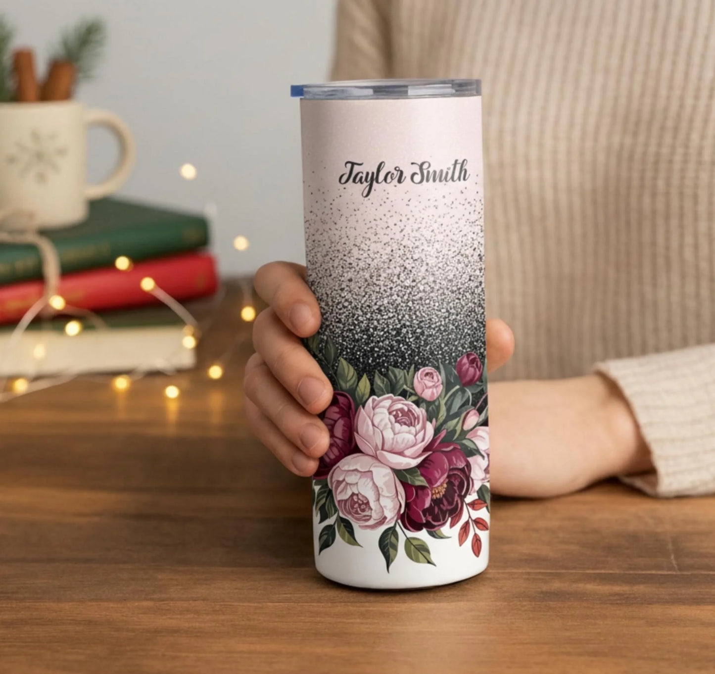 Personalized 20oz skinny tumbler – Personalized | lifestyle scene | custom name available, dishwasher safe, double-wall