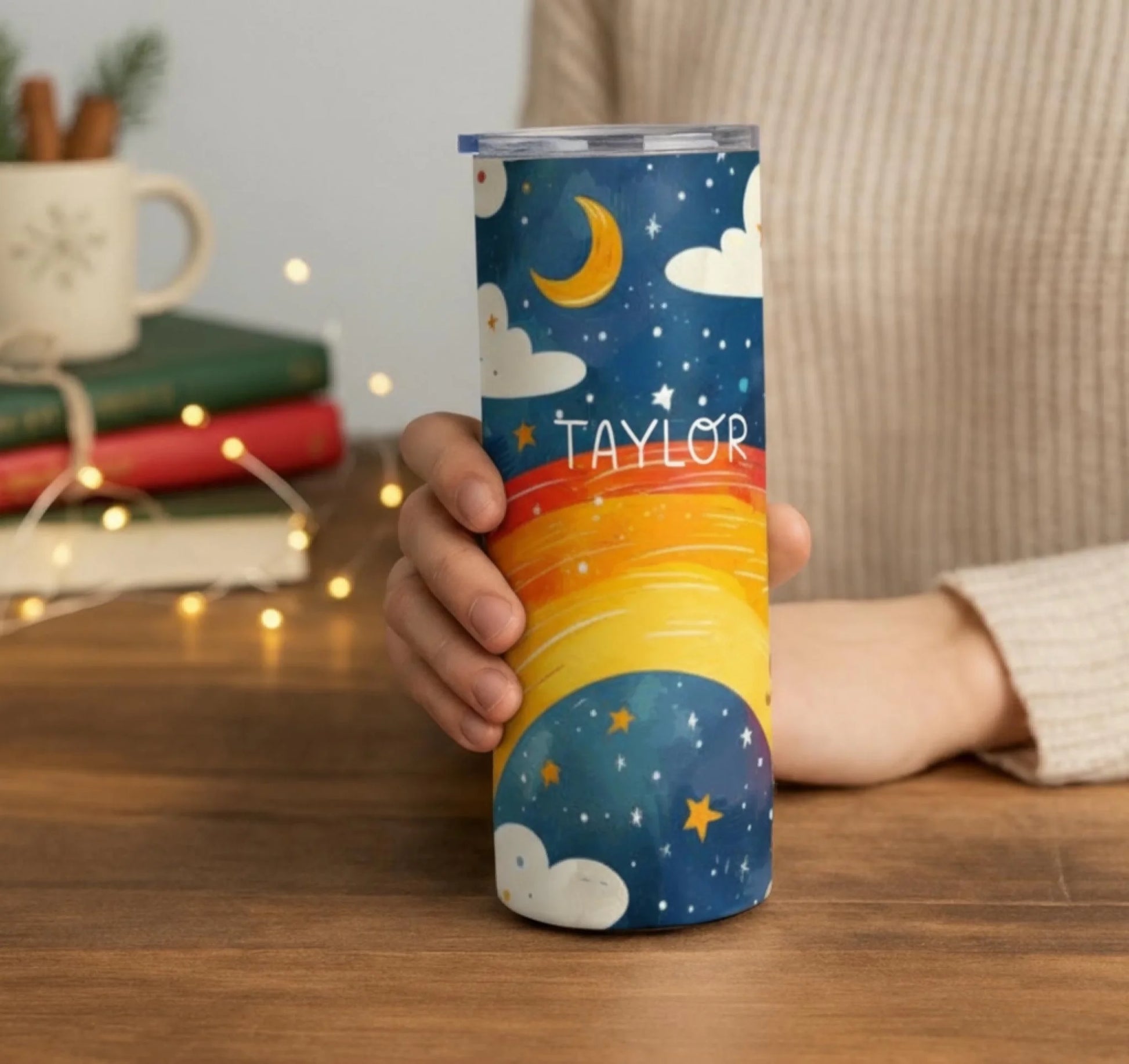 Personalized 20oz skinny tumbler – Personalized | lifestyle scene | custom name available, dishwasher safe, double-wall