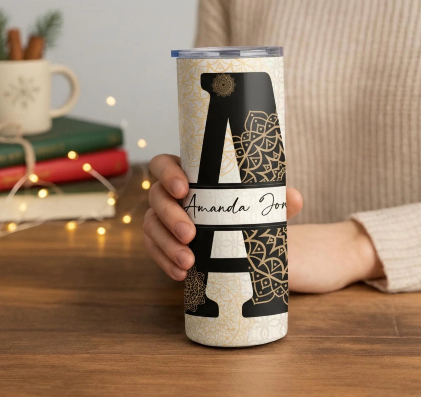 Personalized 20oz skinny tumbler – Personalized | lifestyle scene | custom name available, dishwasher safe, double-wall