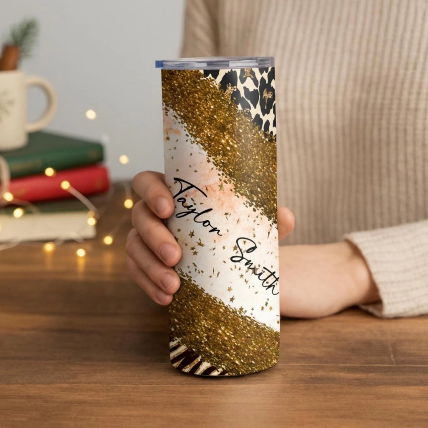 Personalized 20oz skinny tumbler – Personalized | lifestyle scene | custom name available, dishwasher safe, double-wall