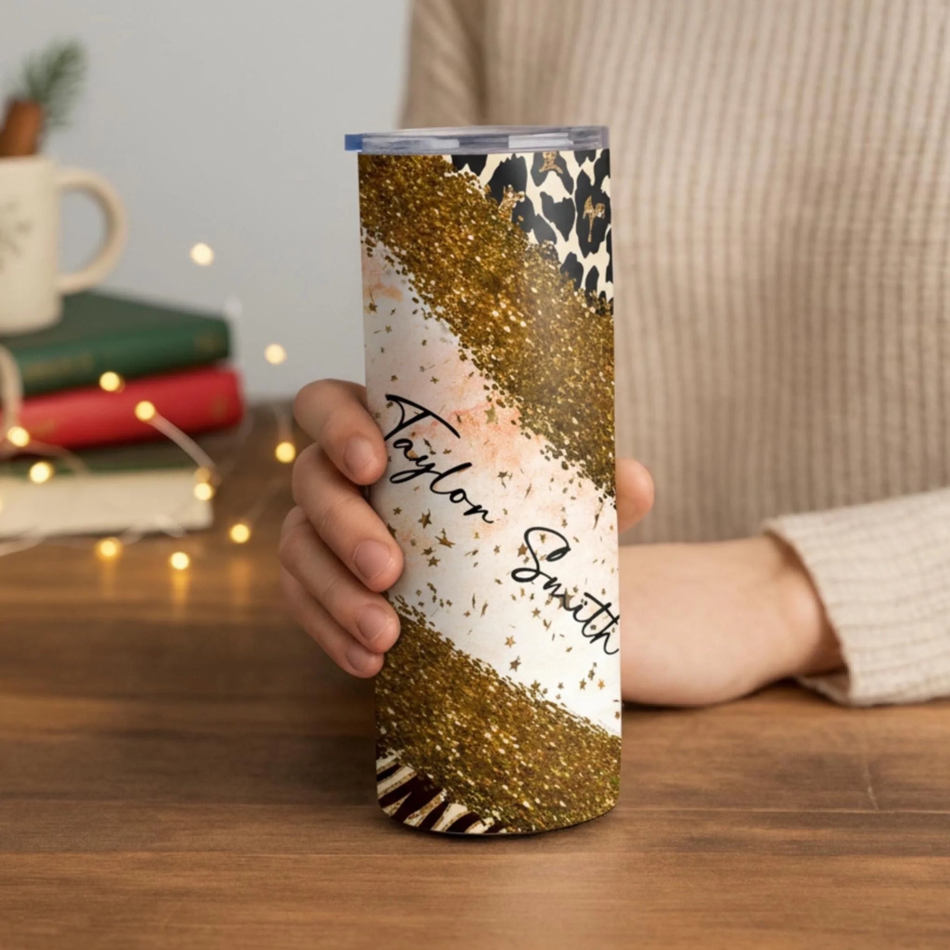 Personalized 20oz skinny tumbler – Personalized | lifestyle scene | custom name available, dishwasher safe, double-wall