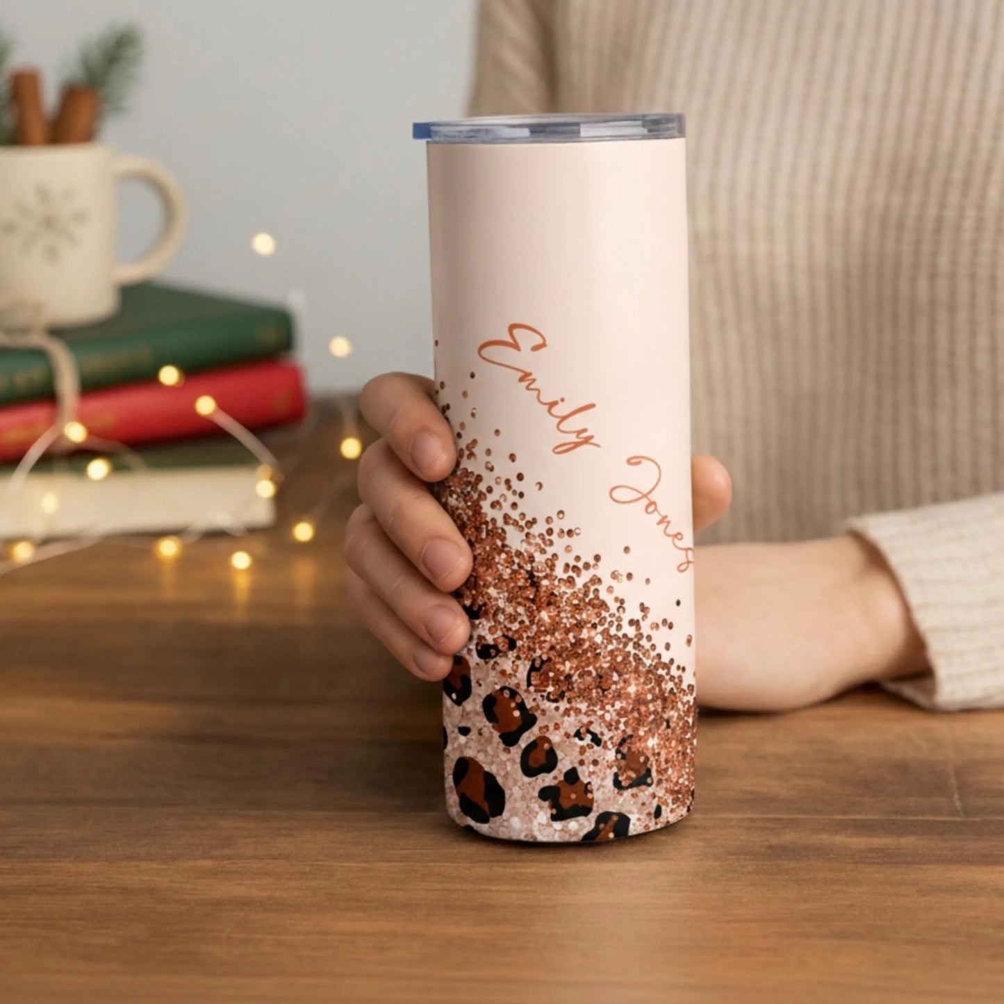 Personalized 20oz skinny tumbler – Personalized | lifestyle scene | custom name available, dishwasher safe, double-wall