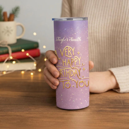 Personalized 20oz skinny tumbler – Personalized | lifestyle scene | custom name available, dishwasher safe, double-wall