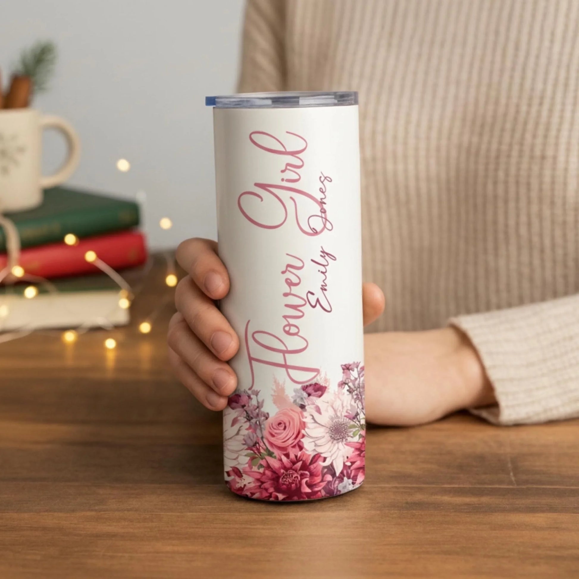 Personalized 20oz skinny tumbler – Personalized | lifestyle scene | custom name available, dishwasher safe, double-wall