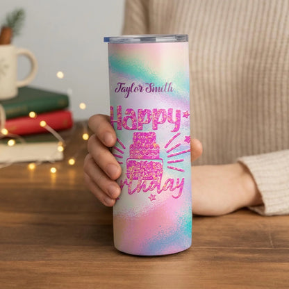Personalized 20oz skinny tumbler – Personalized | lifestyle scene | custom name available, dishwasher safe, double-wall