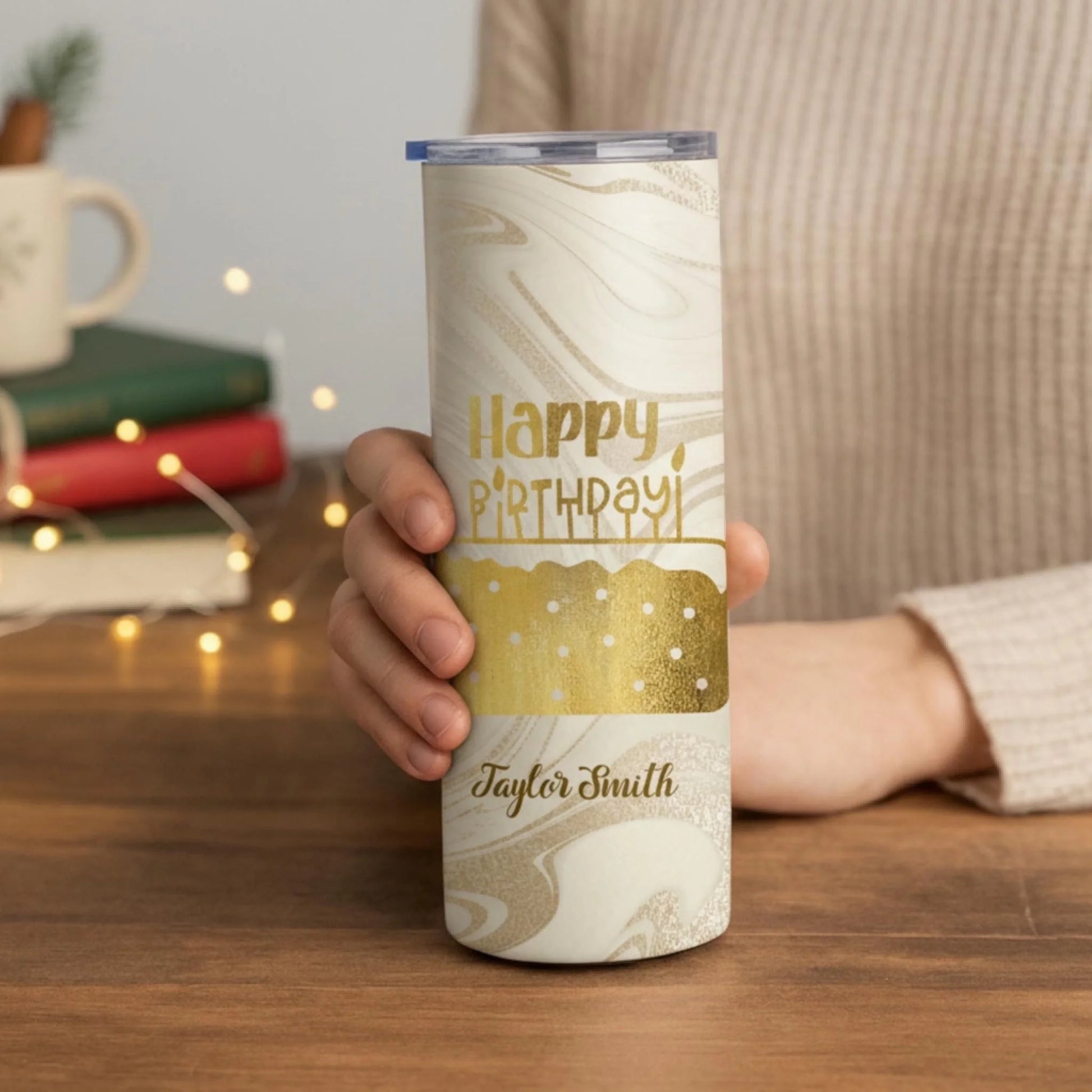 Personalized 20oz skinny tumbler – Personalized | lifestyle scene | custom name available, dishwasher safe, double-wall