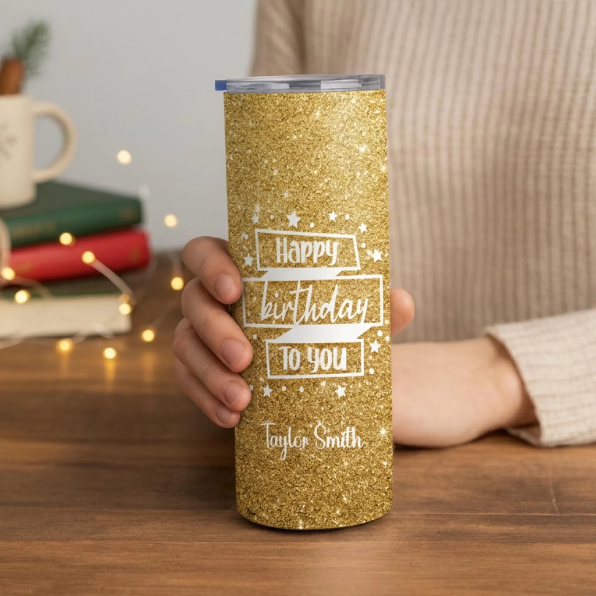 Personalized 20oz skinny tumbler – Personalized | lifestyle scene | custom name available, dishwasher safe, double-wall